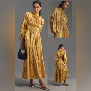 NWOT Anthropologie Somerset Mock Neck Jaquard Maxi Dress Long Sleeve Gold Yellow